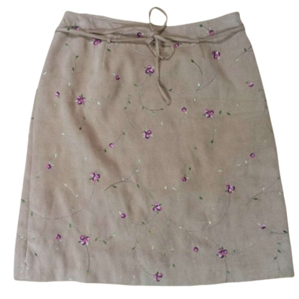 Vintage 90s INC Skirt Womens 8 Beige Faux Suede Fairy Cottage Floral Embroidered